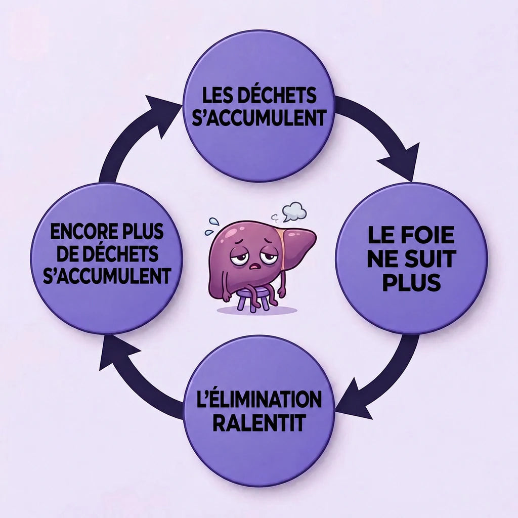 Cycle : cellules endommagées → bile ralentie → accumulation de déchets → plus de dommages