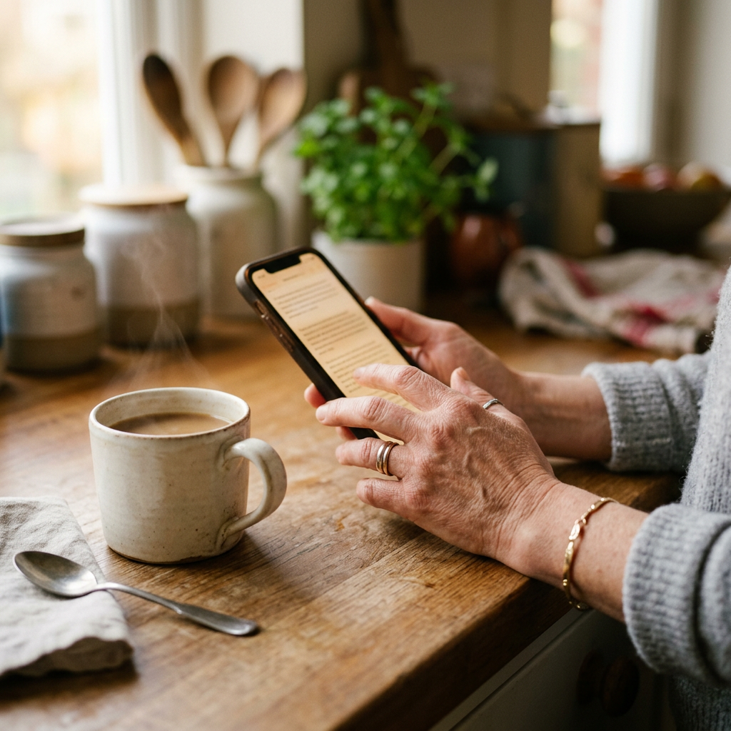 Mère se renseignant sur Nutriva™ sur son téléphone